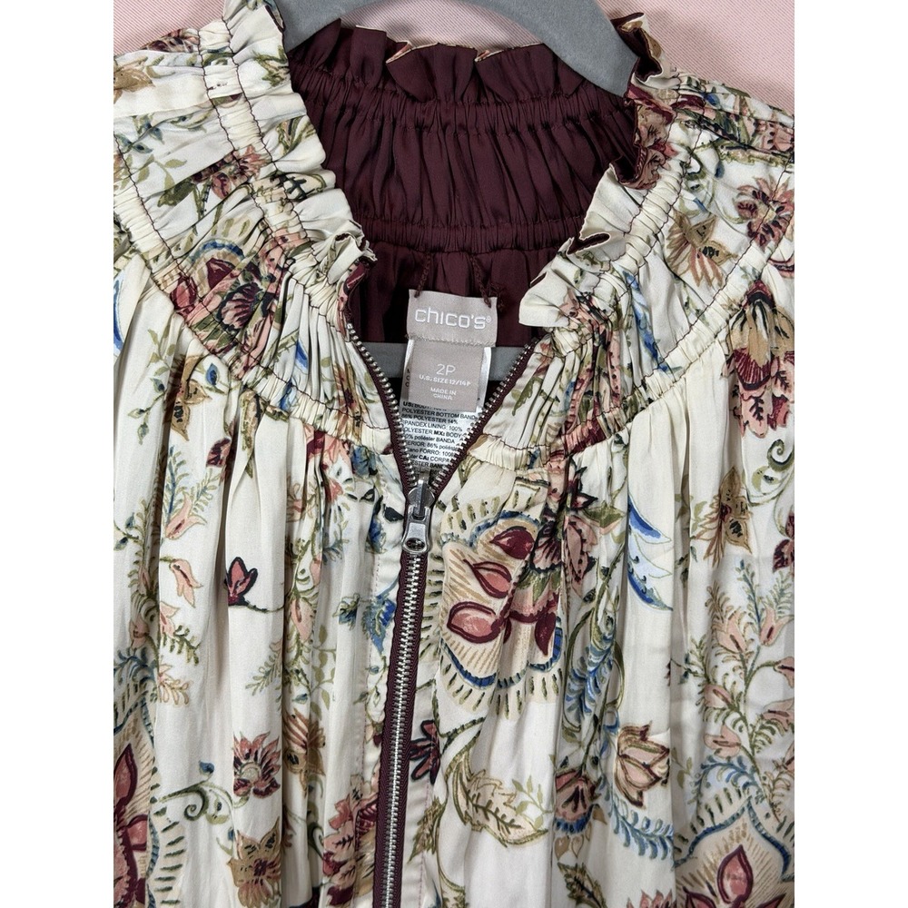 Chico's Full Zip Jacket Women's 2/12-14 Floral Shiny Satin Lightweight - Picture 3 of 7